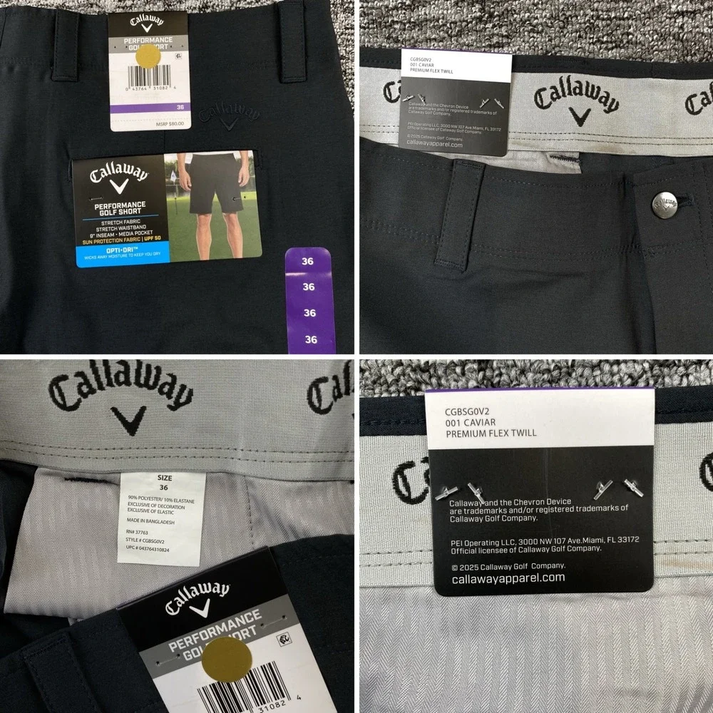NWT Callaway Performance Golf Shorts Mens 36 Caviar Black 9 In Opti Dri UPF 50